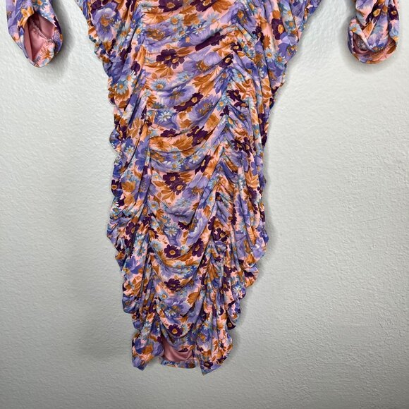 Zara Floral Ruched Bodycon Spring Cocktail Mid Sleeve Midi Dress Medium - Picture 3 of 9